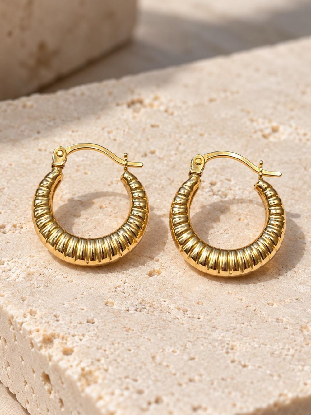 10K Real Solid Yellow Gold Ribbed Hoop Earrings .60" (Not Plated)